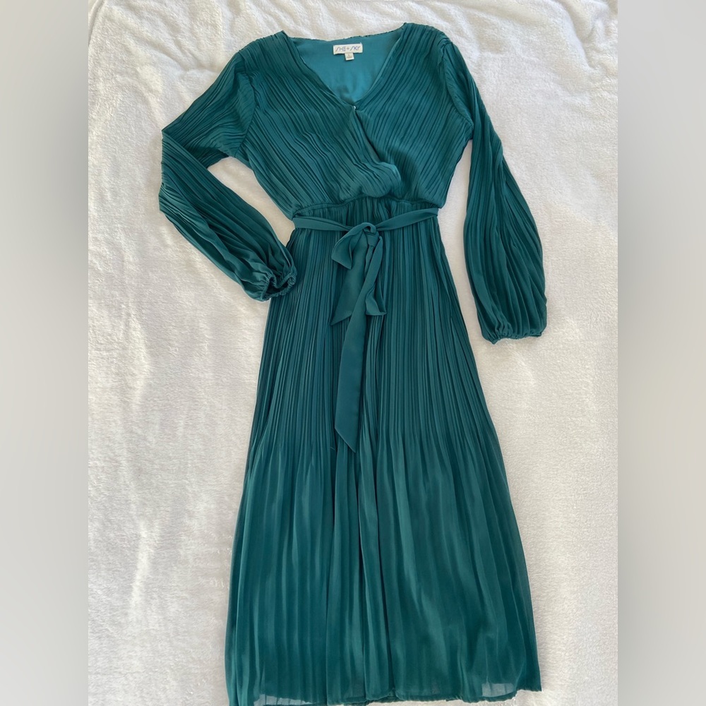 She + Sky Teal Pleated Wrap Midi Dress